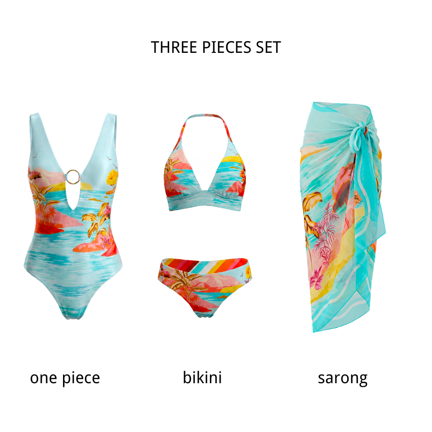 Deep V-neck Landscape Print Swimsuit set(s)