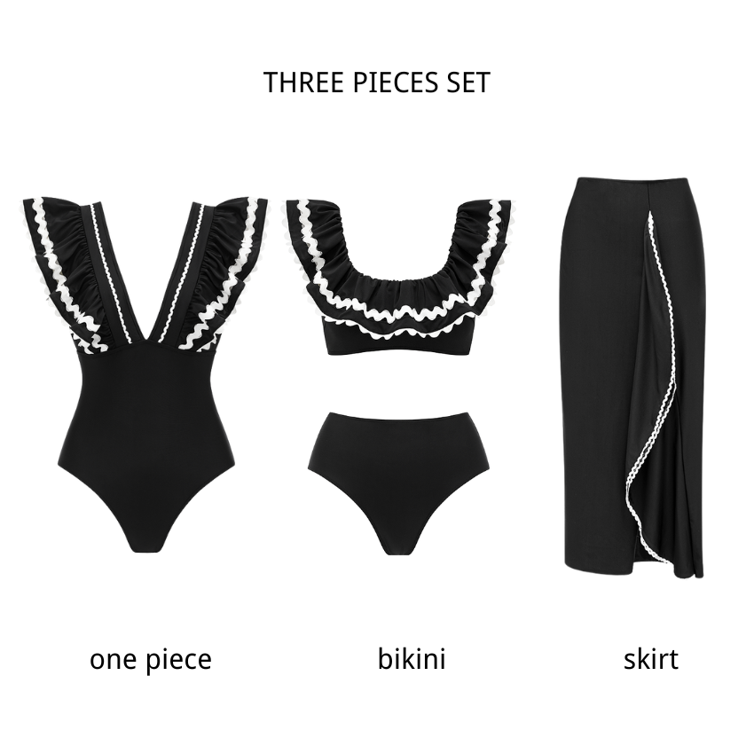 Black Ruffle V-neck Swimsuit set(s)