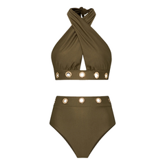 Halter-neck Olive Green Hollow Out Swimsuit Set(s)