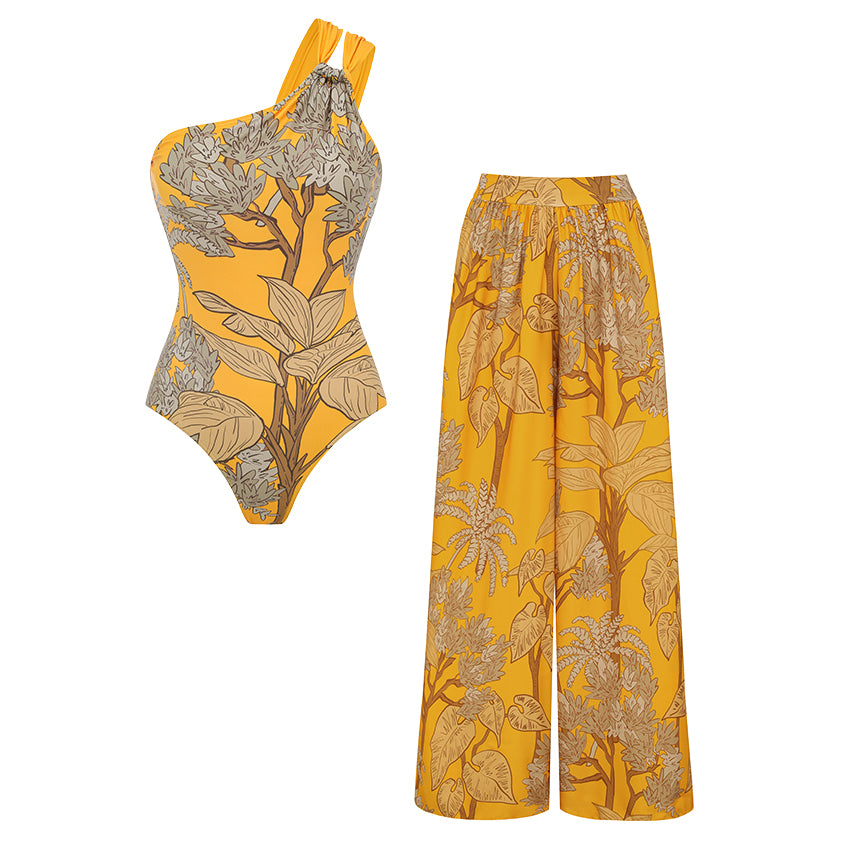 Plus Size One Shoulder Yellow Printed Swimsuit Set(s)