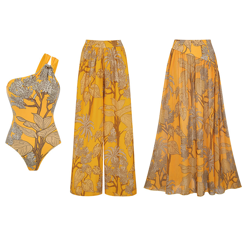 Plus Size One Shoulder Yellow Printed Swimsuit Set(s)