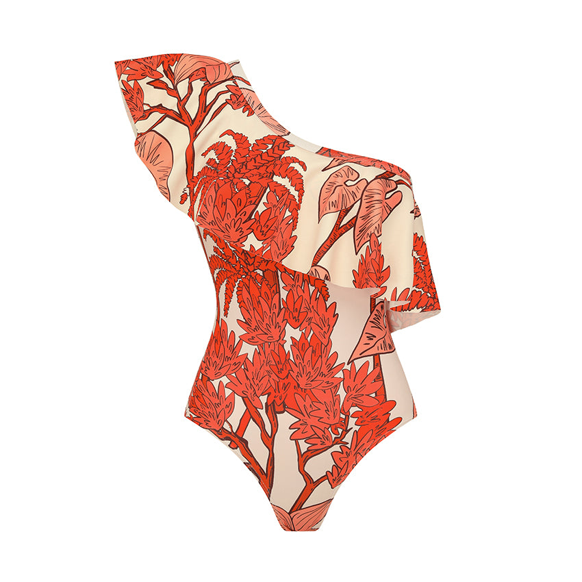 One Shoulder Ruffle Plant Print Swimsuit Set(s)