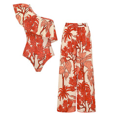 One Shoulder Ruffle Plant Print Swimsuit Set(s)