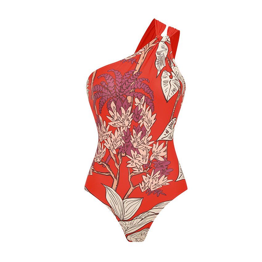Plus Size One Shoulder Red Plant Print Swimsuit Set(s)