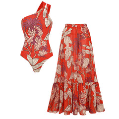 Plus Size One Shoulder Red Plant Print Swimsuit Set(s)