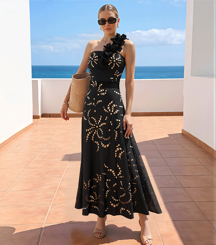 Plus Size One Shoulder Ruffle Black Laser Cutting Flower Swimsuit Set(s)