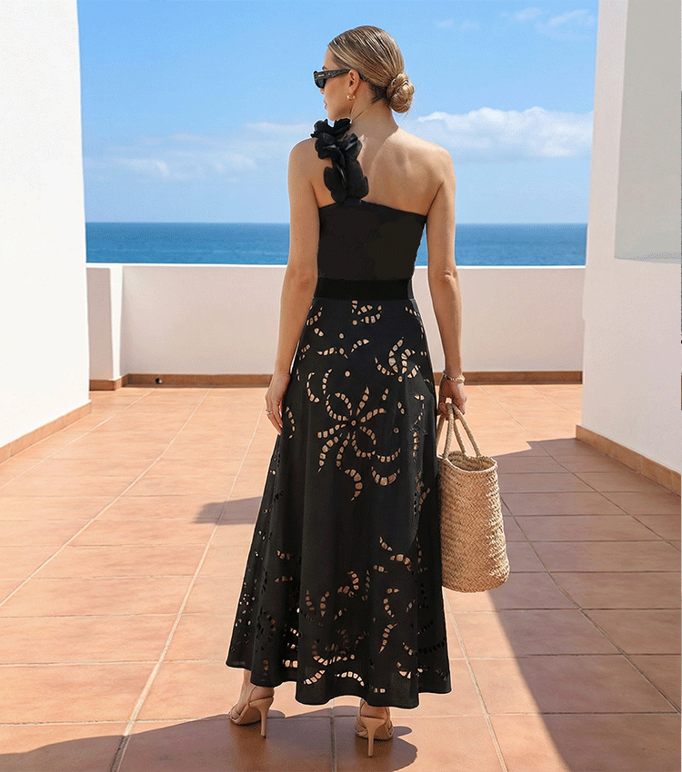 Plus Size One Shoulder Ruffle Black Laser Cutting Flower Swimsuit Set(s)