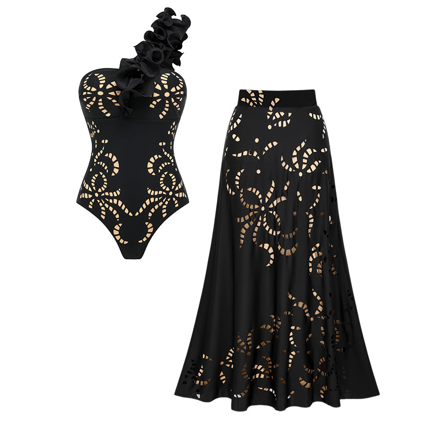 Plus Size One Shoulder Ruffle Black Laser Cutting Flower Swimsuit Set(s)