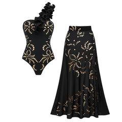Plus Size One Shoulder Ruffle Black Laser Cutting Flower Swimsuit Set(s)