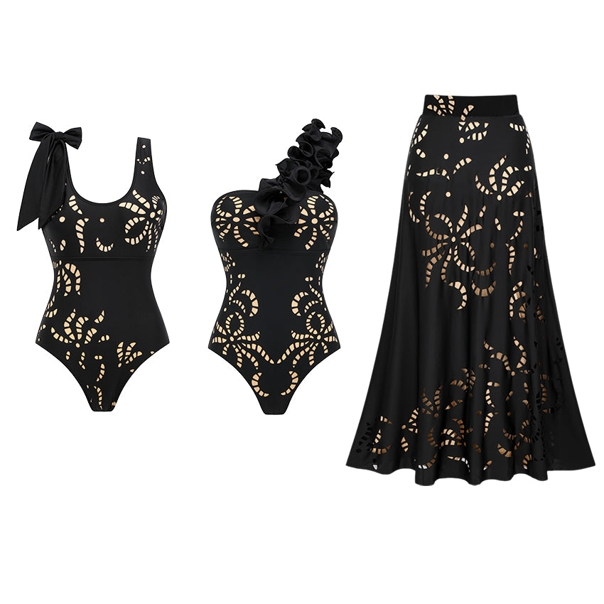 Plus Size One Shoulder Ruffle Black Laser Cutting Flower Swimsuit Set(s)