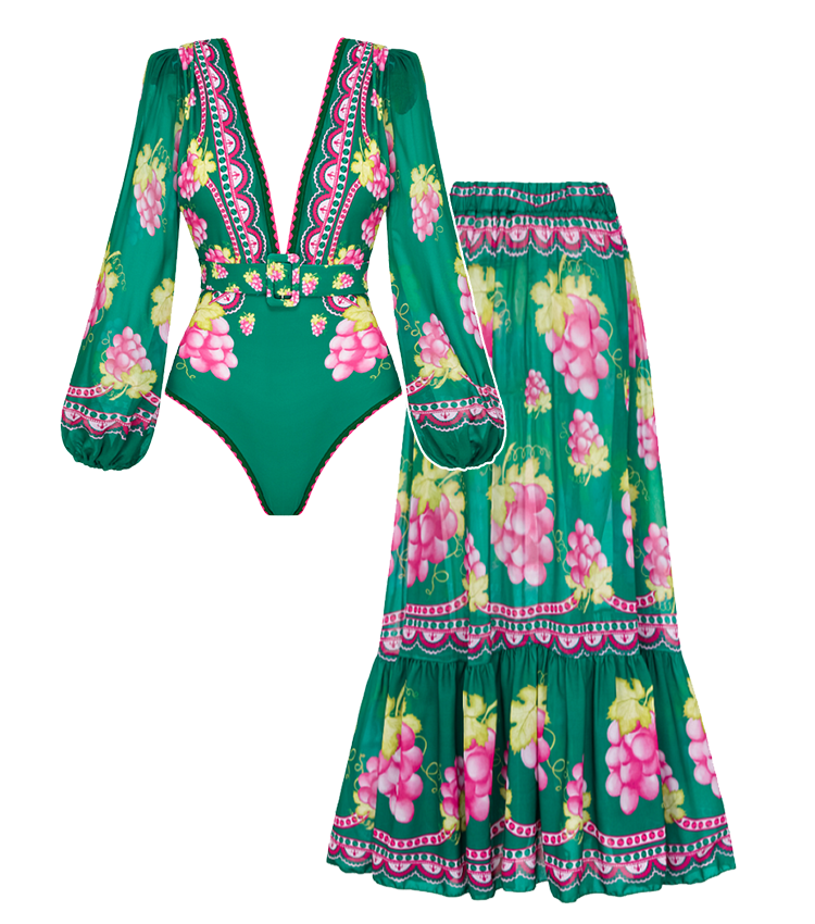 Plus Size Long-sleeved Retro Green Grapes Print One Piece Swimsuit and Skirt