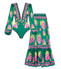 Plus Size Long-sleeved Retro Green Grapes Print One Piece Swimsuit and Skirt