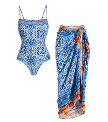 Plus Size Printed One Piece Swimsuit and Sarong