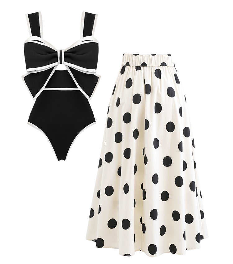 Plus Size Black and White Bow Decor One Piece Swimsuit and Skirt Flaxmaker