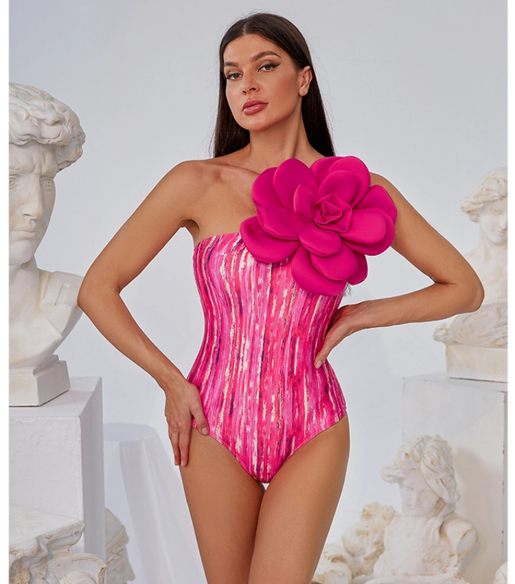 Plus Size 3D Flower Decor One Piece Swimsuit and Skirt Flaxmaker