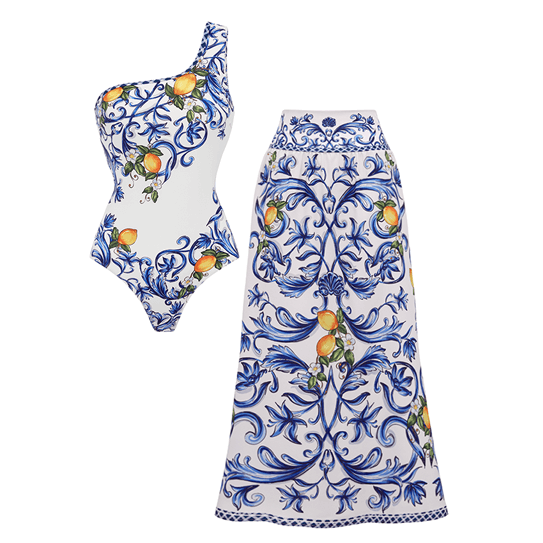 One Shoulder Lemon Printed Swimsuit Set(s)