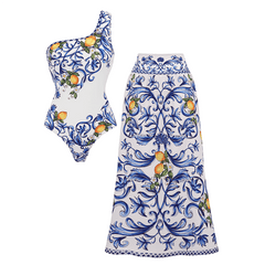 One Shoulder Lemon Printed Swimsuit Set(s)