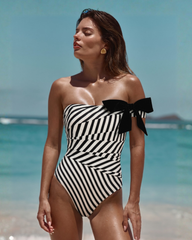 Bowknot Striped One Piece Swimsuit and Skirt