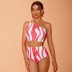 One Shoulder Printed Bikini Swimsuit and Pants Flaxmaker