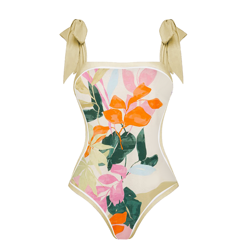 Bow-Tie Shoulder Tropical Floral Print Swimsuit Set(s)