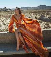 Long Sleeve V Neck Orange Gradient Print One Piece Swimsuit and Skirt