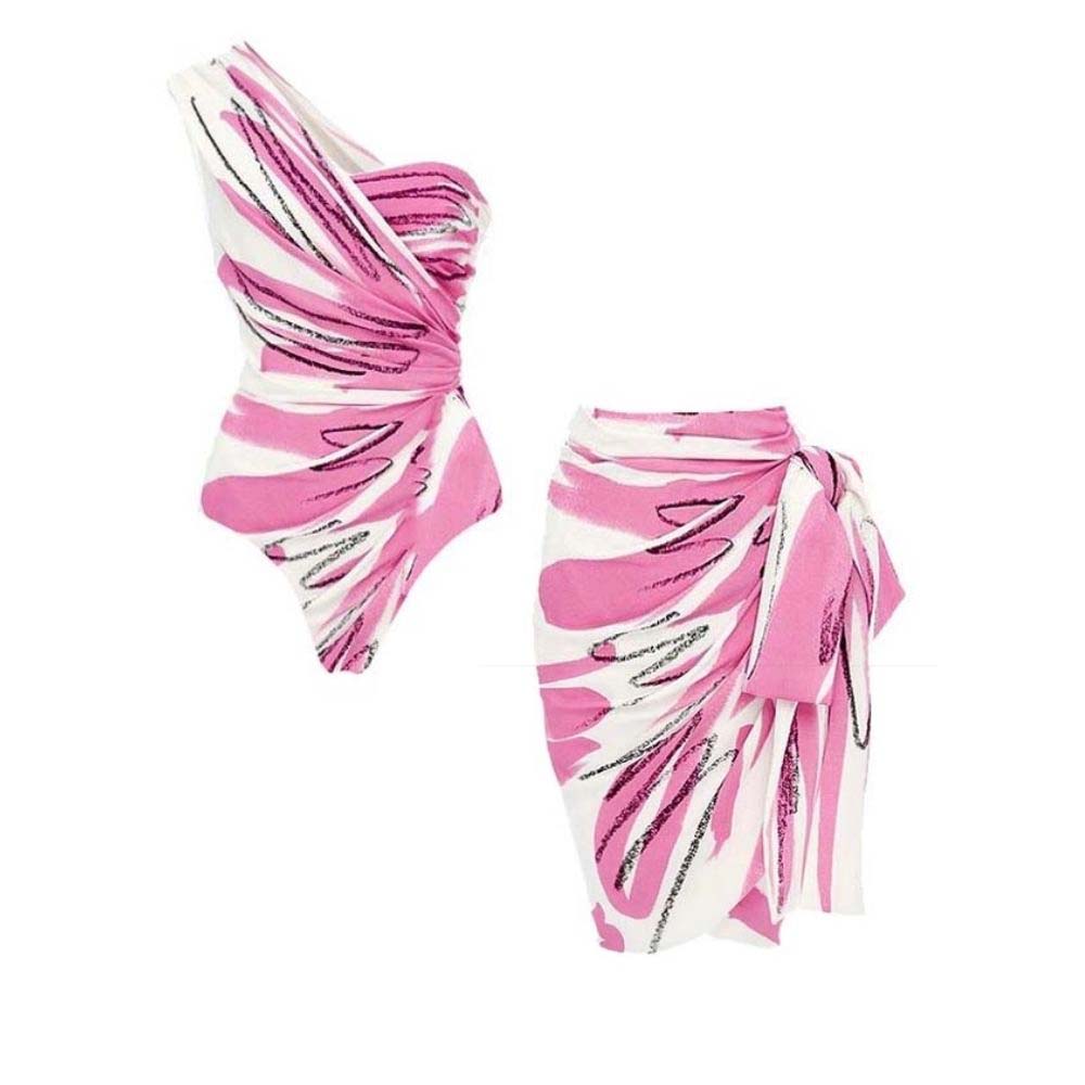 One Shoulder Printed Frilled One Piece Swimsuit and Skirt
