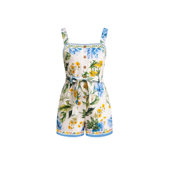 Blue Yellow Floral Square Strap Tie Waist Romper