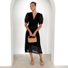 V Neck Puff Sleeve Lace Dress