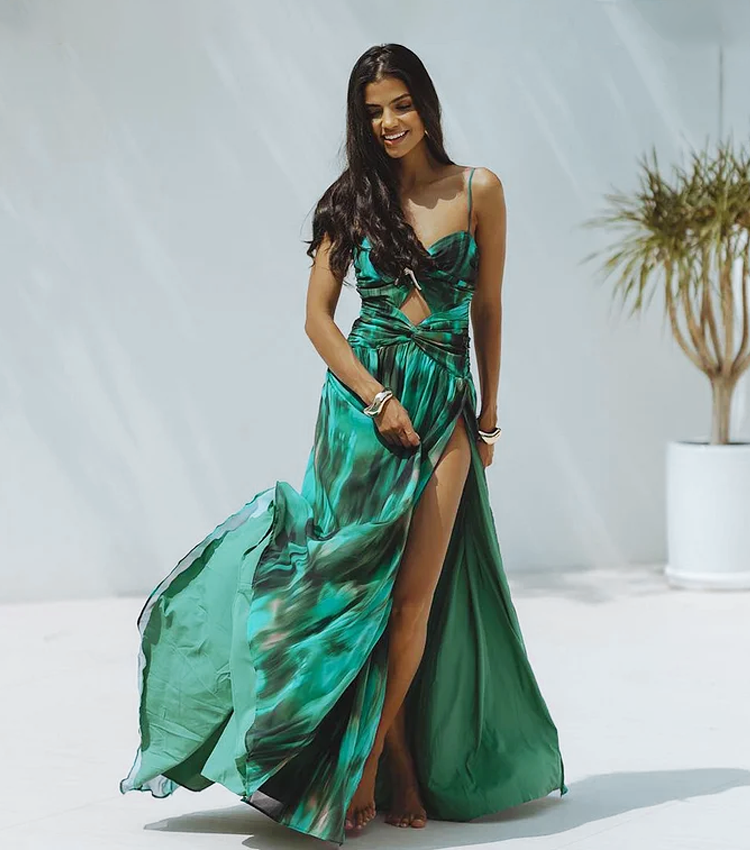 Plus Size Green Printed Pleated Swimsuit & Skirt Set