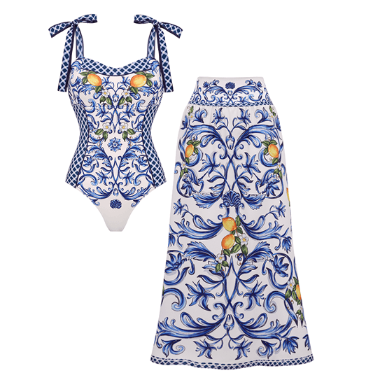 Plus Size Bowknot Shoulder Lemon Printed Swimsuit Set(s)
