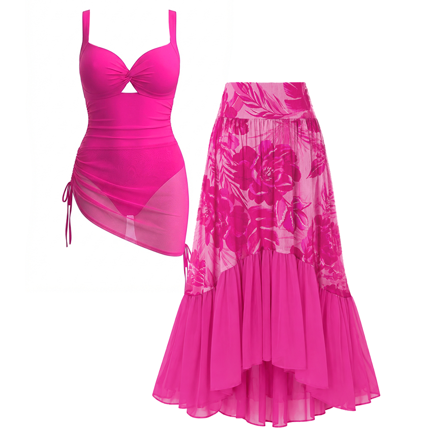 Hot Pink and Floral Printed Swimsuit Set(s)