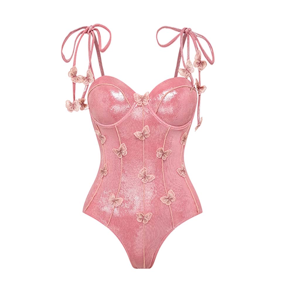 Plus Size Pink Shiny Embroidered Butterfly One Piece Swimsuit and Split Skirt