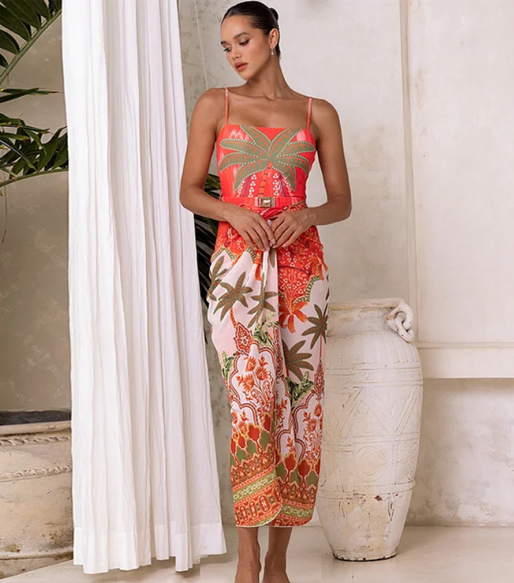 Off Shoulder Coconut Palm Print One Piece Swimsuit With Belt and Skirt