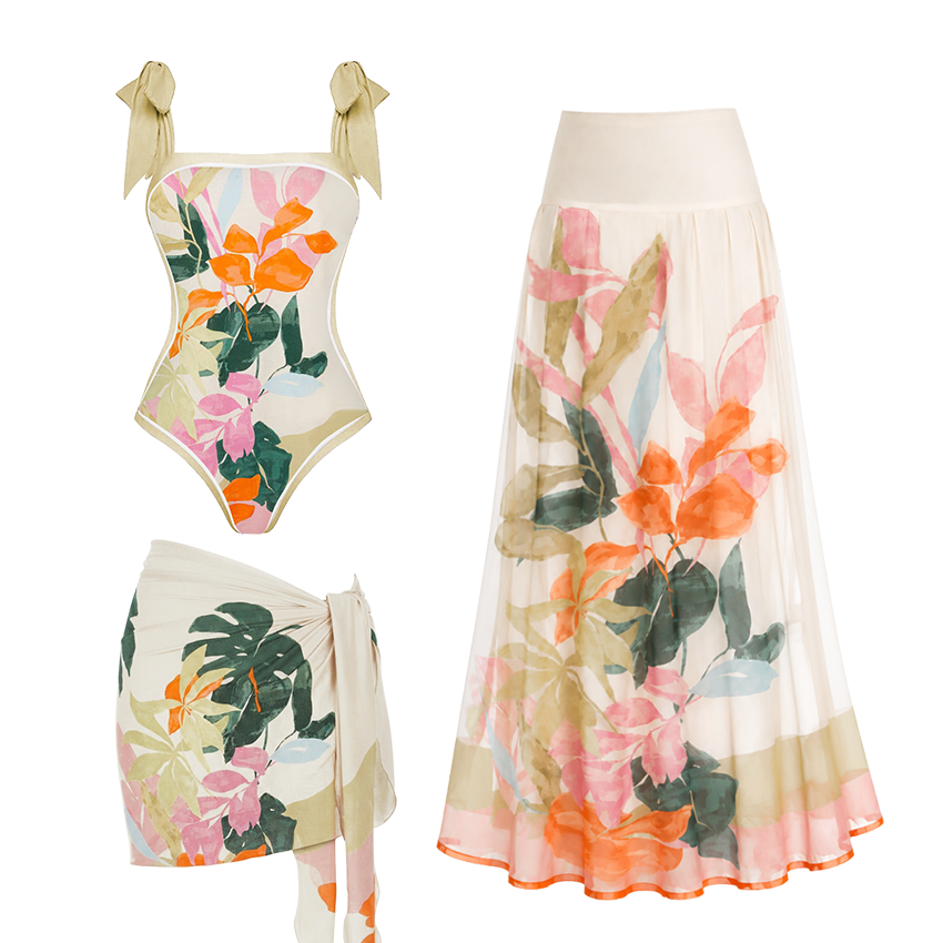 Bow-Tie Shoulder Tropical Floral Print Swimsuit Set(s)