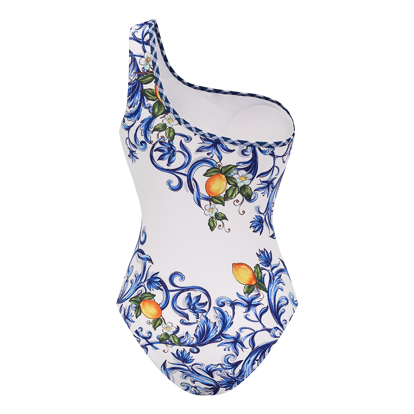 One Shoulder Lemon Printed Swimsuit Set(s)