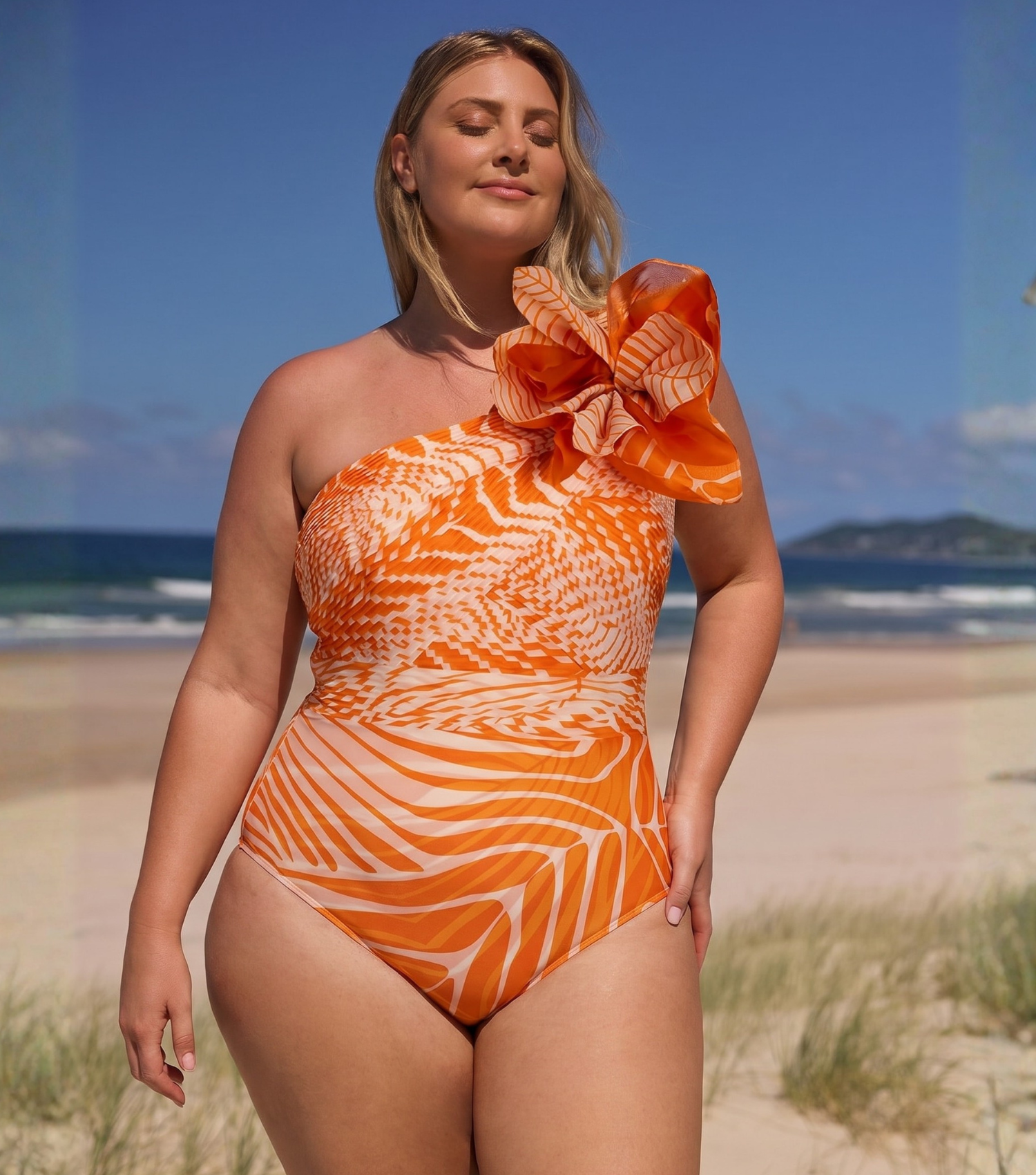 Plus Size 3D Flower Printed One Piece Swimsuit and Skirt Flaxmaker