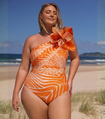 Plus Size 3D Flower Printed One Piece Swimsuit and Skirt Flaxmaker