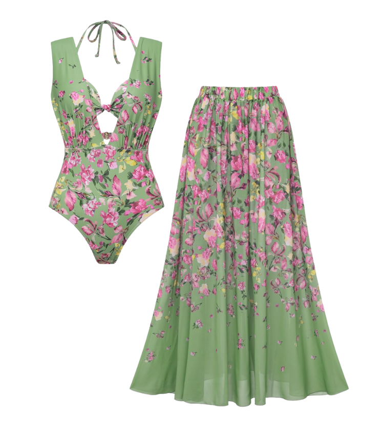 Plus Size Floral Bikini & Plunging Ruched Swim Set