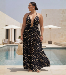 Plus Size Black and Gold Polka Dots V-neck One Piece Swimsuit and Skirt
