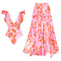 Plus Size V-neck Orange Leaf Printed One Piece Swimsuit and Skirt