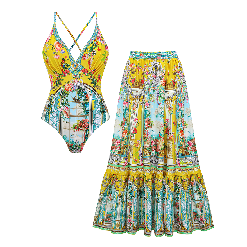 V-neck Straps Bougainville Print Swimsuit Set(s)