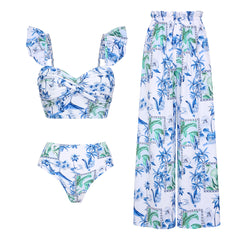 Plus Size Sling Ruffle Printed  High Waist Bikini Swimsuit and Pants