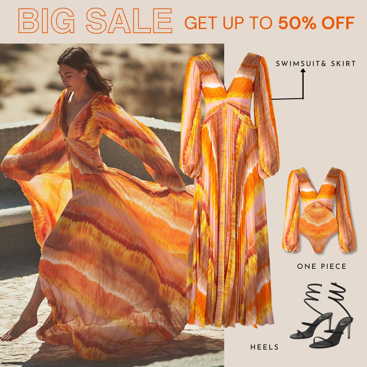 Plus Size V Neck Chiffon Long Sleeve Orange One Piece Swimsuit and Skirt Flaxmaker