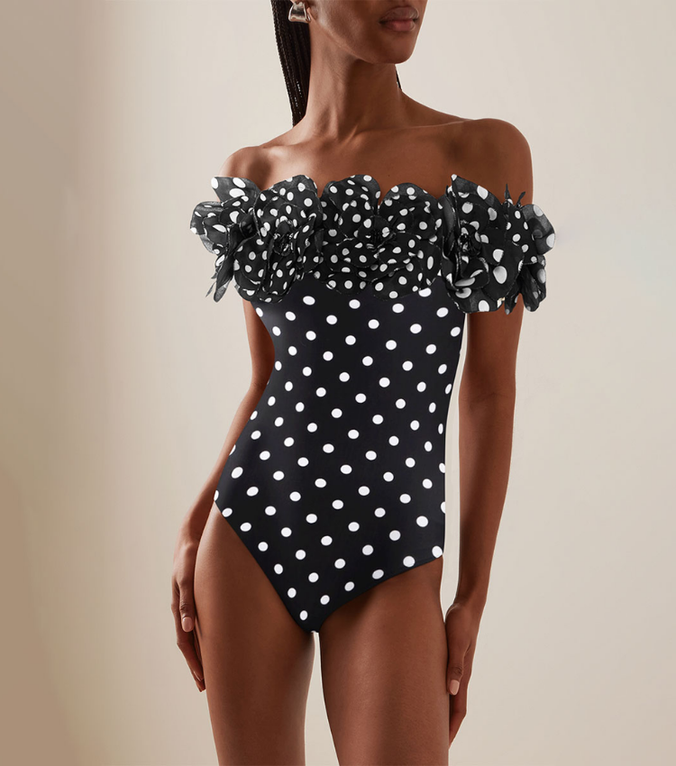 Plus Size Bandeau Polka Dot Print One Piece Swimsuit and Skirt