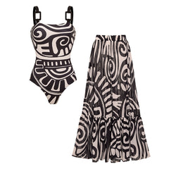Plus Size Adjustable Shoulder Straps Black Tribal Print Swimsuit Set(s)