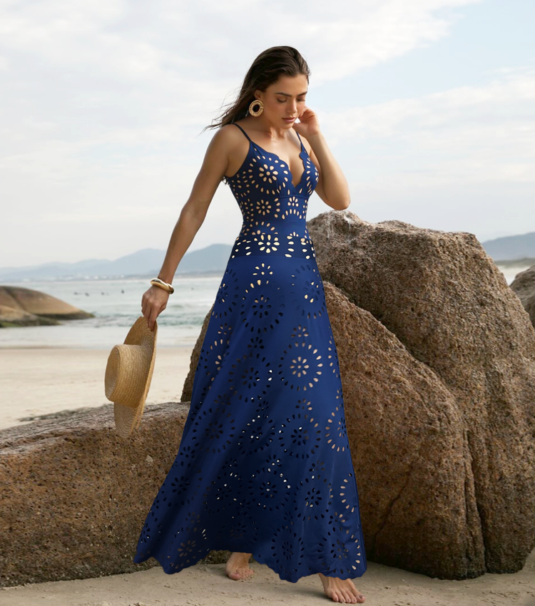Plus Size Navy Blue Laser Cutting Flower Hollow One Piece Swimsuit and Skirt