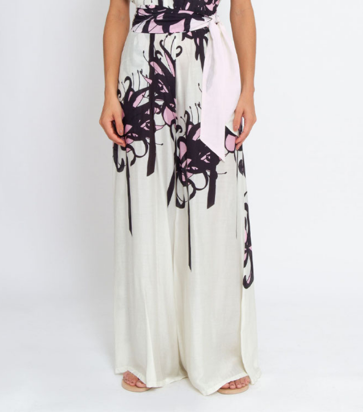 One Shoulder Black and White Blossom Print One Piece Swimsuit and Pants