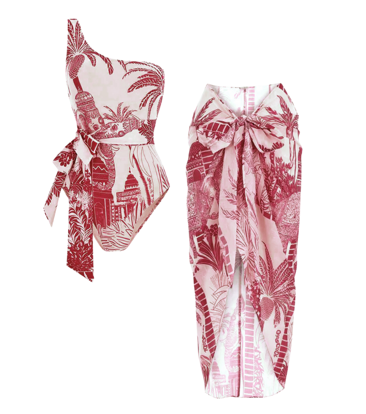 Plus Size One Shoulder Coconut Palm Print One Piece Swimsuit and Sarong