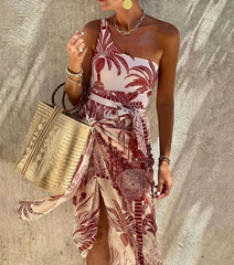 Plus Size One Shoulder Coconut Palm Print One Piece Swimsuit and Sarong