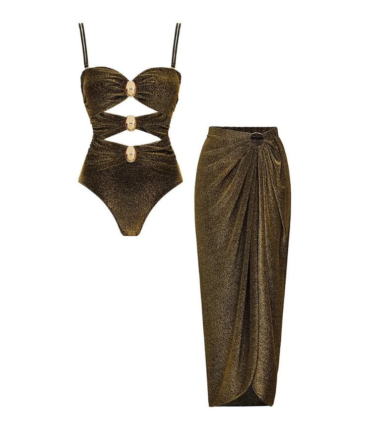 Plus Size Gold Glitter Cutout Fabric One Piece Swimsuit and Skirt